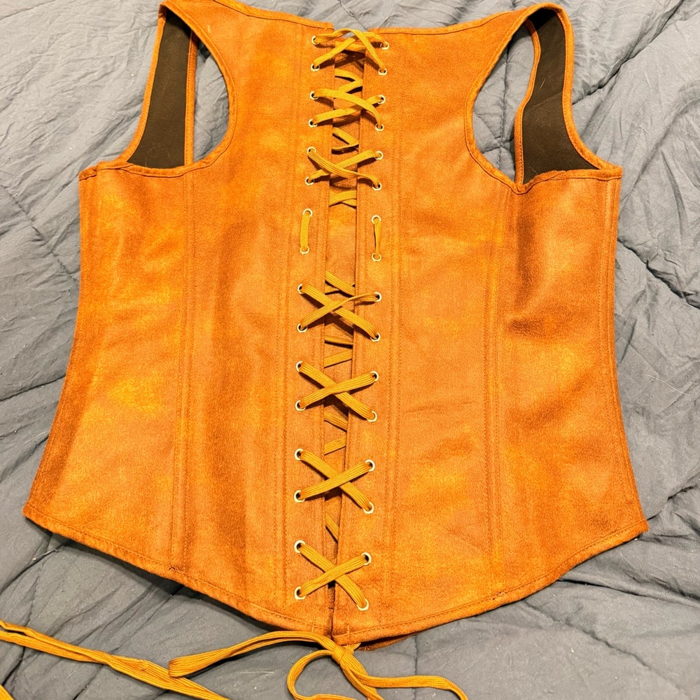 Faux brown suede corset, tie back front button Women's Top - Picture 5 of 5